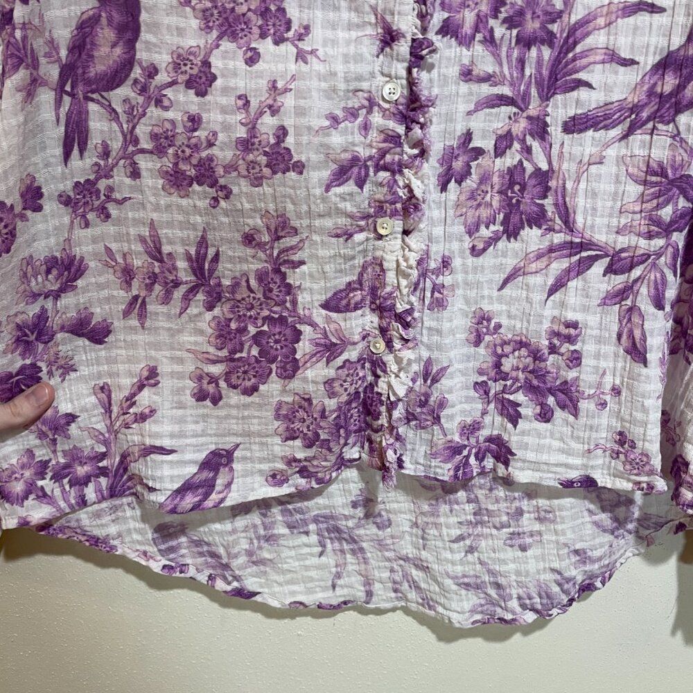 Sundance Sz XS Chantilly Blooms Button Down Top Blouse White Purple Floral Bird - Picture 7 of 12